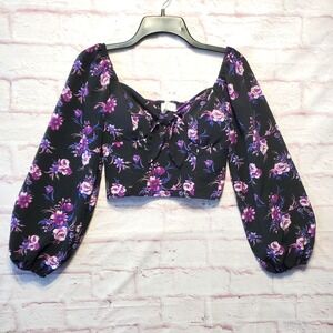 Love & Piece Black Floral Crop‎ Milkmaid Top Smocked Puff Sleeve Indie Y2K Small